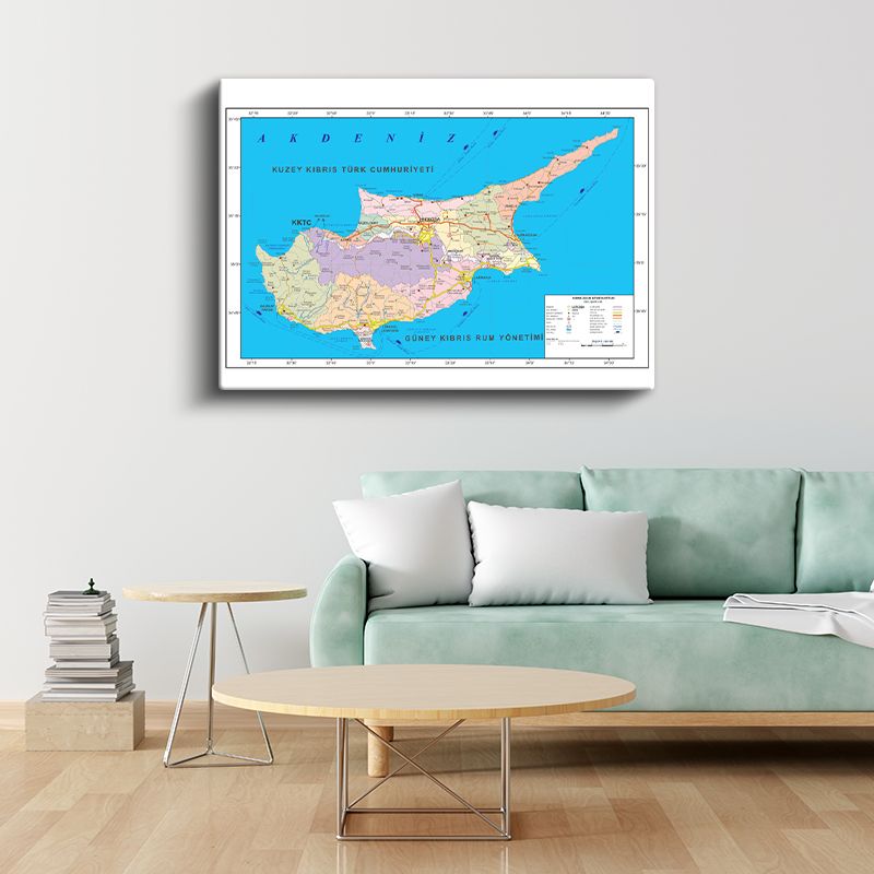 Kıbrıs - Siyasi Haritası Kanvas Tablo