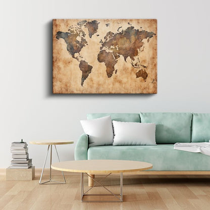 Eski Dünya Haritası - Bronz ve Altın Efektli Kanvas Tablo
