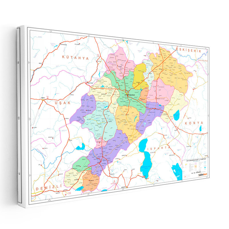 Yatay Kanvas Tablo Afyonkarahisar İdari Bölge Sınırları Harita Tablosu Ev Ofis Duvar Dekoru