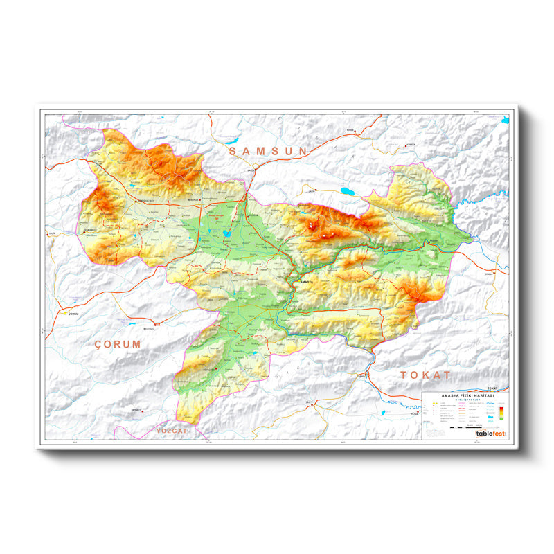 Yatay Kanvas Tablo Amasya Topografik Vadi ve Dağlar Harita Tablosu Ev Ofis Duvar Dekoru