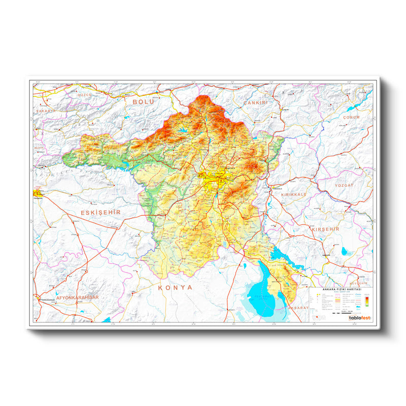 Yatay Kanvas Tablo Ankara Başkent Coğrafi Yeryüzü Harita Tablosu Ev Ofis Duvar Dekoru