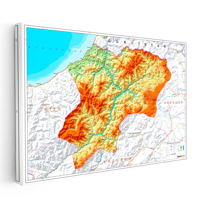 Yatay Kanvas Tablo Artvin Topografik Çizim Harita Tablosu Ev Ofis Duvar Dekoru