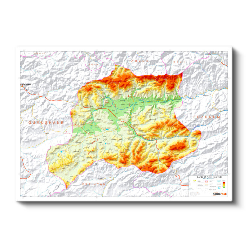 Yatay Kanvas Tablo Bayburt Coğrafi Yapı Harita Tablosu Ev Ofis Duvar Dekoru
