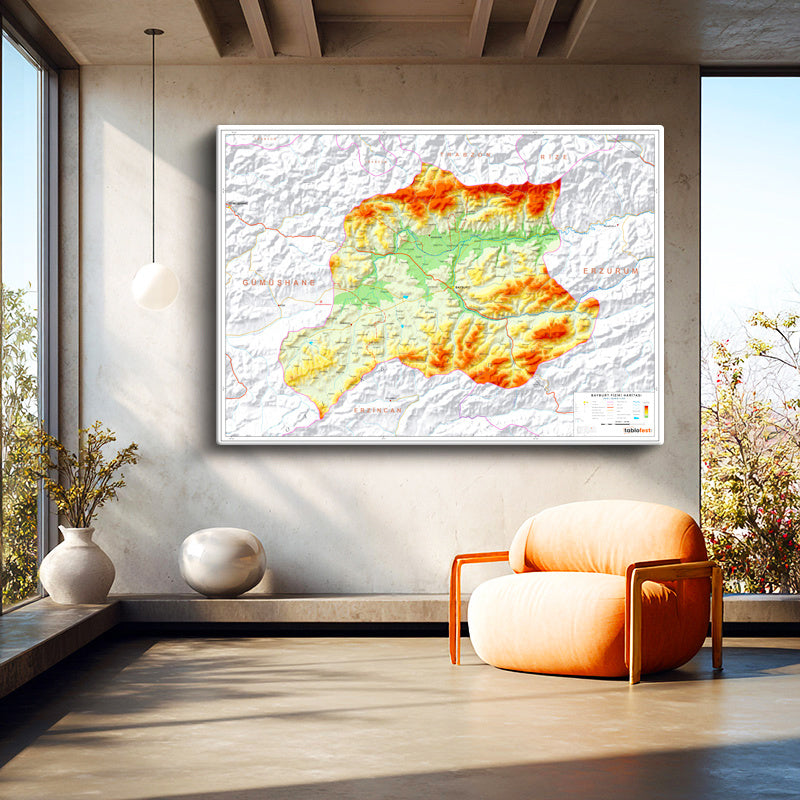 Yatay Kanvas Tablo Bayburt Coğrafi Yapı Harita Tablosu Ev Ofis Duvar Dekoru