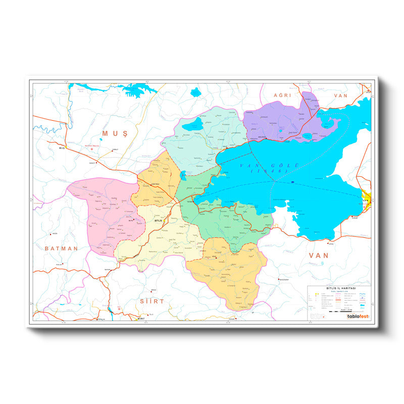 Yatay Kanvas Tablo Bitlis Mülki İdare Harita Tablosu Ev Ofis Duvar Dekoru