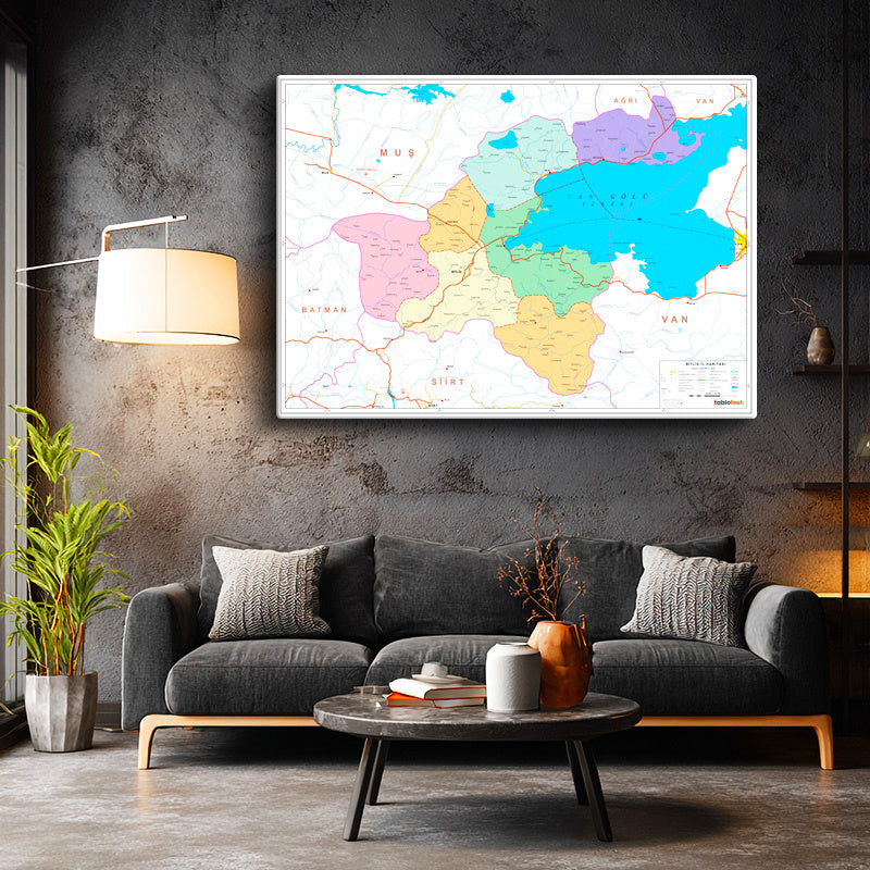 Yatay Kanvas Tablo Bitlis Mülki İdare Harita Tablosu Ev Ofis Duvar Dekoru