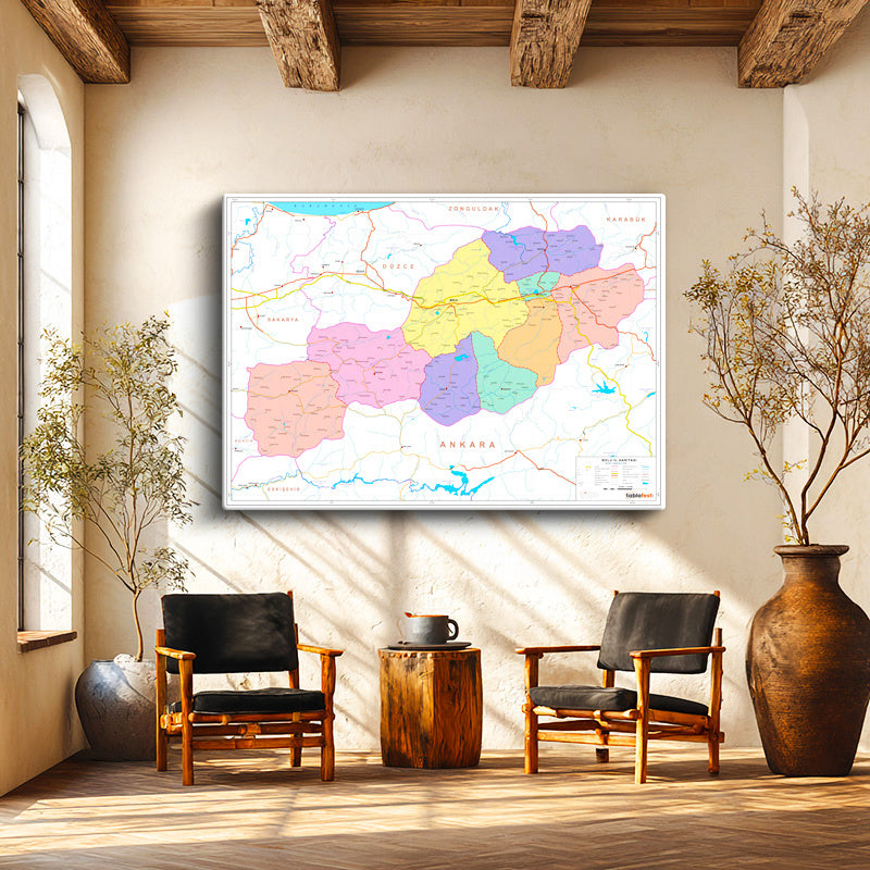 Yatay Kanvas Tablo Bolu İlçe Sınırları Harita Tablosu Ev Ofis Duvar Dekoru