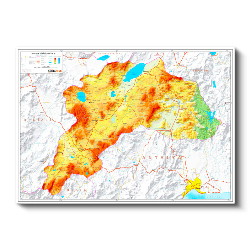 Yatay Kanvas Tablo Burdur Arazi Yapısı Harita Tablosu Ev Ofis Duvar Dekoru