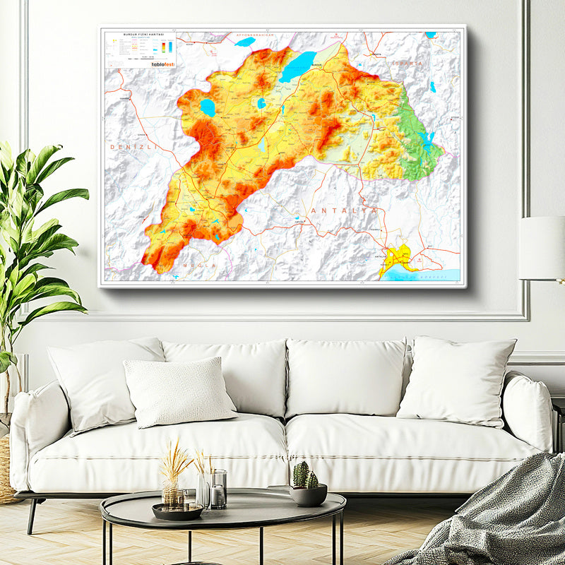 Yatay Kanvas Tablo Burdur Arazi Yapısı Harita Tablosu Ev Ofis Duvar Dekoru