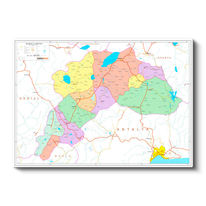 Yatay Kanvas Tablo Burdur Bölge Detayları Harita Tablosu Ev Ofis Duvar Dekoru