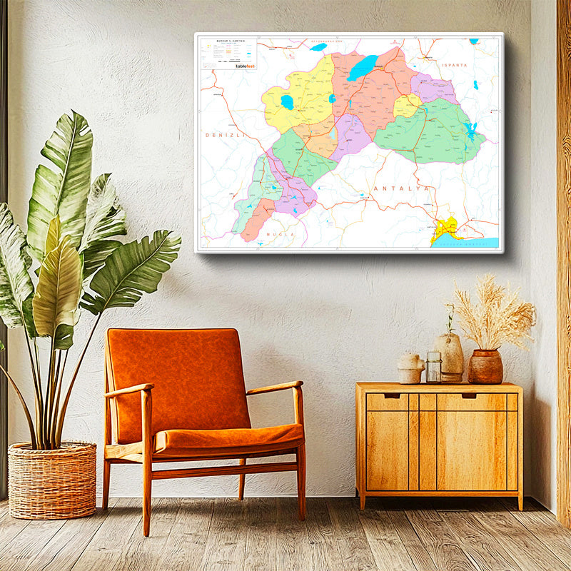 Yatay Kanvas Tablo Burdur Bölge Detayları Harita Tablosu Ev Ofis Duvar Dekoru