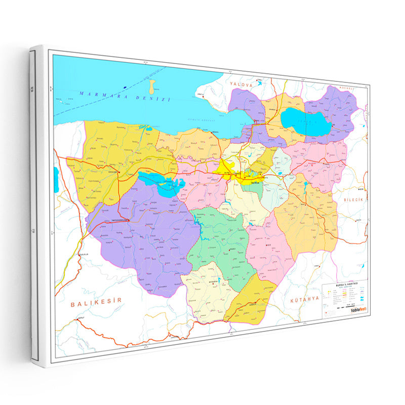Yatay Kanvas Tablo Bursa İdari Sınırlar Harita Tablosu Ev Ofis Duvar Dekoru