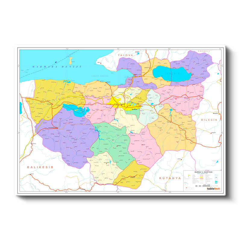 Yatay Kanvas Tablo Bursa İdari Sınırlar Harita Tablosu Ev Ofis Duvar Dekoru