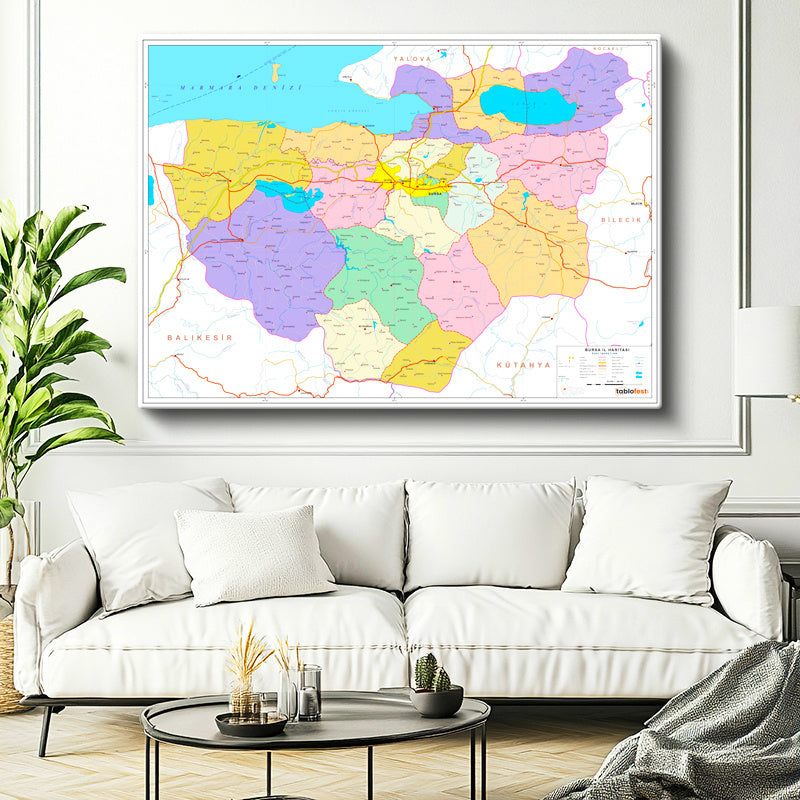 Yatay Kanvas Tablo Bursa İdari Sınırlar Harita Tablosu Ev Ofis Duvar Dekoru