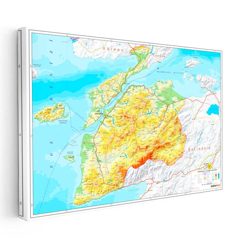 Yatay Kanvas Tablo Çanakkale Topografik Harita Tablosu Ev Ofis Duvar Dekoru