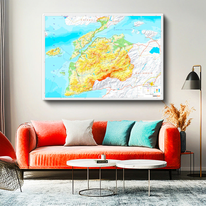Yatay Kanvas Tablo Çanakkale Topografik Harita Tablosu Ev Ofis Duvar Dekoru