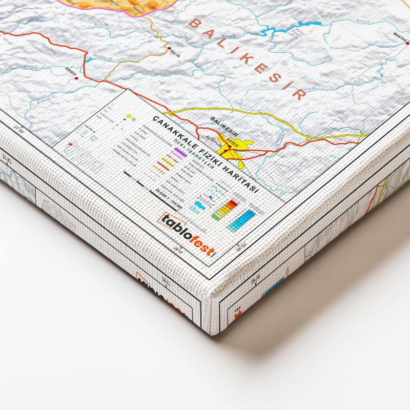 Yatay Kanvas Tablo Çanakkale Topografik Harita Tablosu Ev Ofis Duvar Dekoru