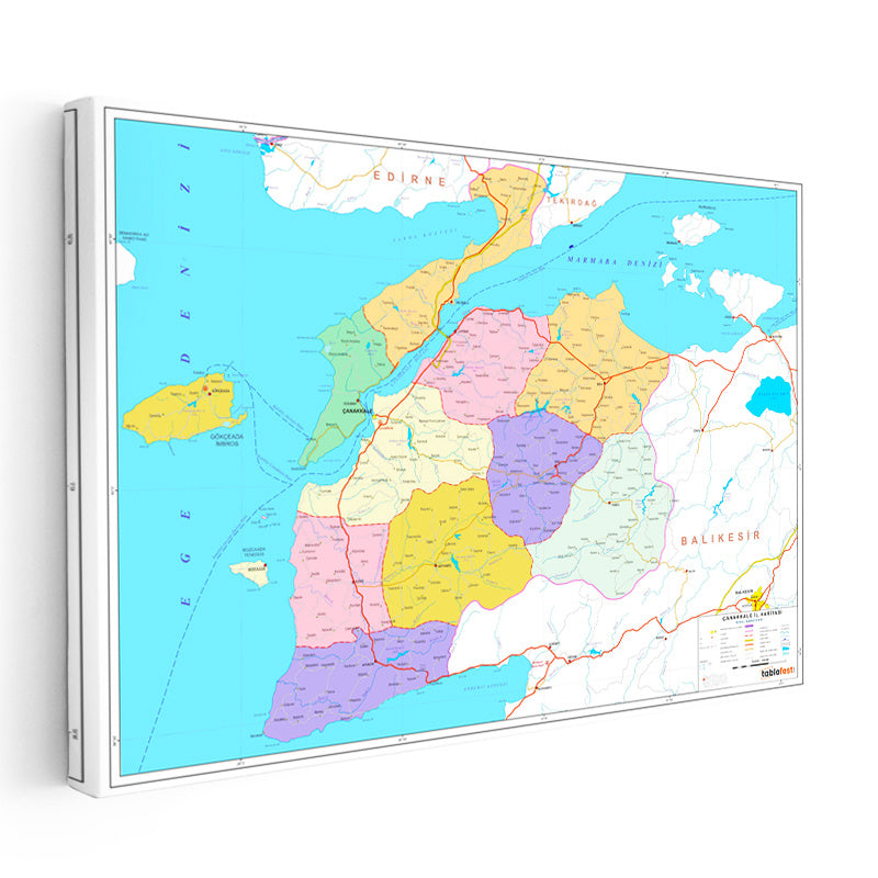 Yatay Kanvas Tablo Çanakkale İlçe Planı Harita Tablosu Ev Ofis Duvar Dekoru