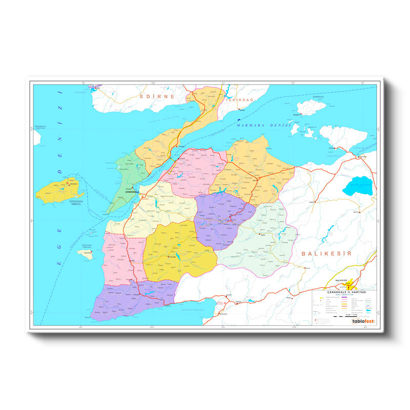 Yatay Kanvas Tablo Çanakkale İlçe Planı Harita Tablosu Ev Ofis Duvar Dekoru