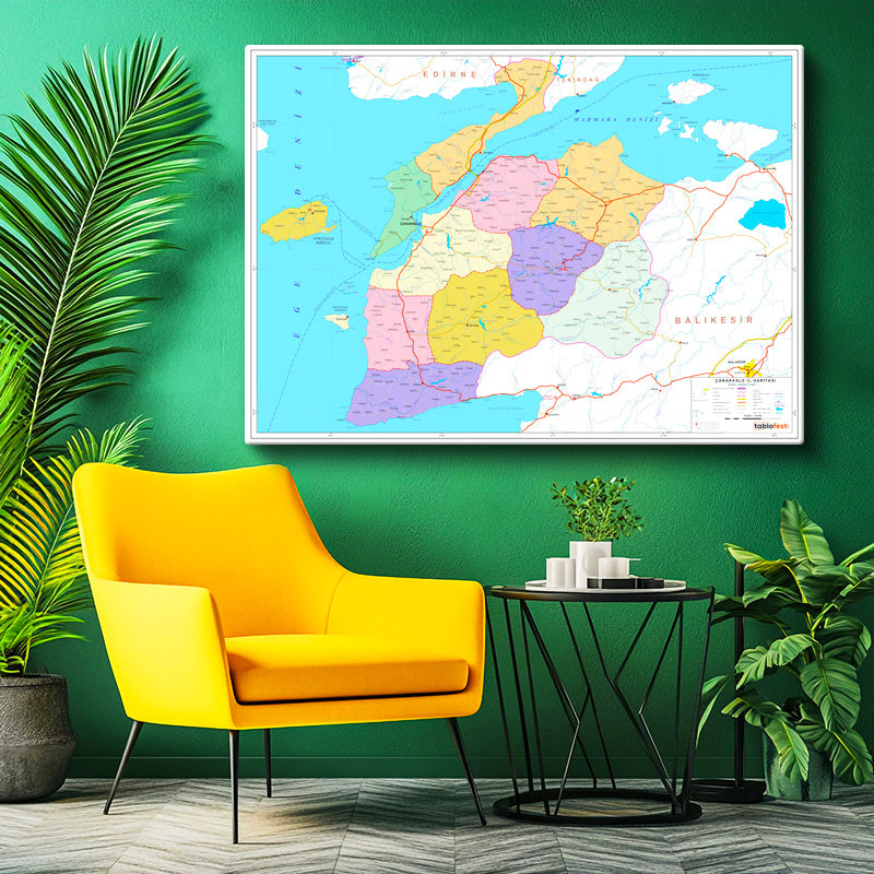Yatay Kanvas Tablo Çanakkale İlçe Planı Harita Tablosu Ev Ofis Duvar Dekoru