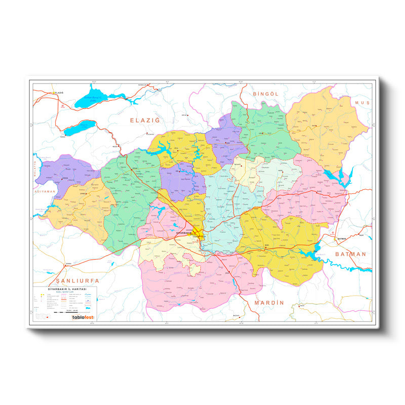 Yatay Kanvas Tablo Diyarbakır Mülki İdare Harita Tablosu Ev Ofis Duvar Dekoru