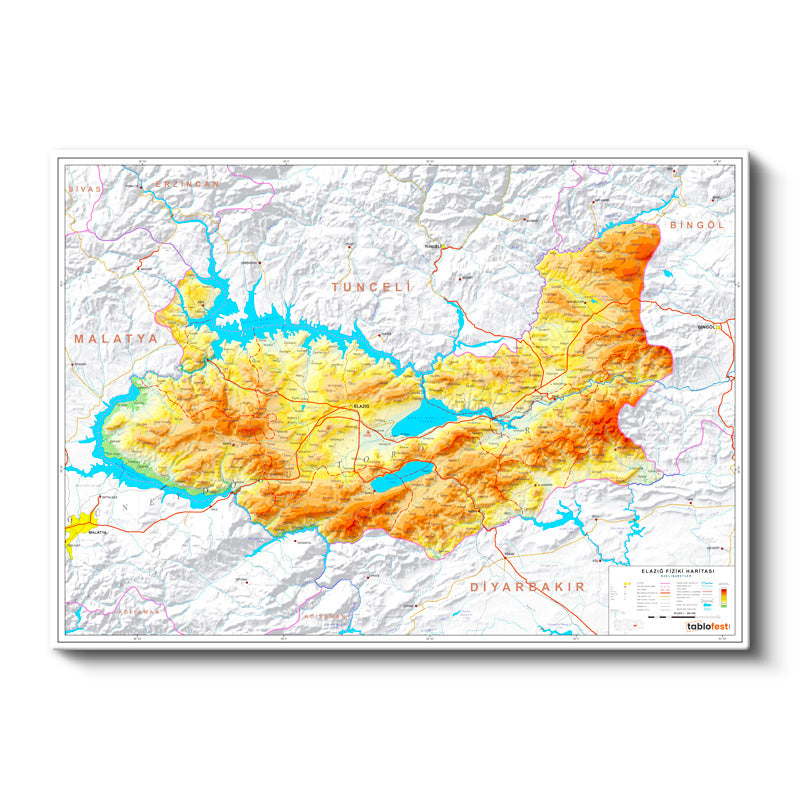 Yatay Kanvas Tablo Elazığ Fiziki Yeryüzü Harita Tablosu Ev Ofis Duvar Dekoru