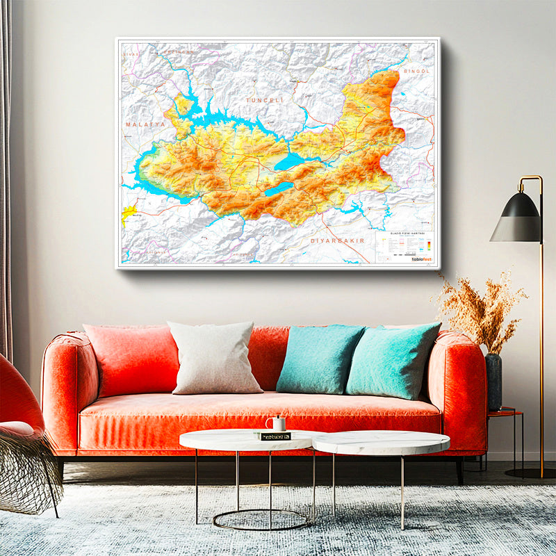 Yatay Kanvas Tablo Elazığ Fiziki Yeryüzü Harita Tablosu Ev Ofis Duvar Dekoru