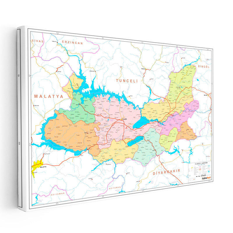 Yatay Kanvas Tablo Elazığ İdari Bölümler Harita Tablosu Ev Ofis Duvar Dekoru