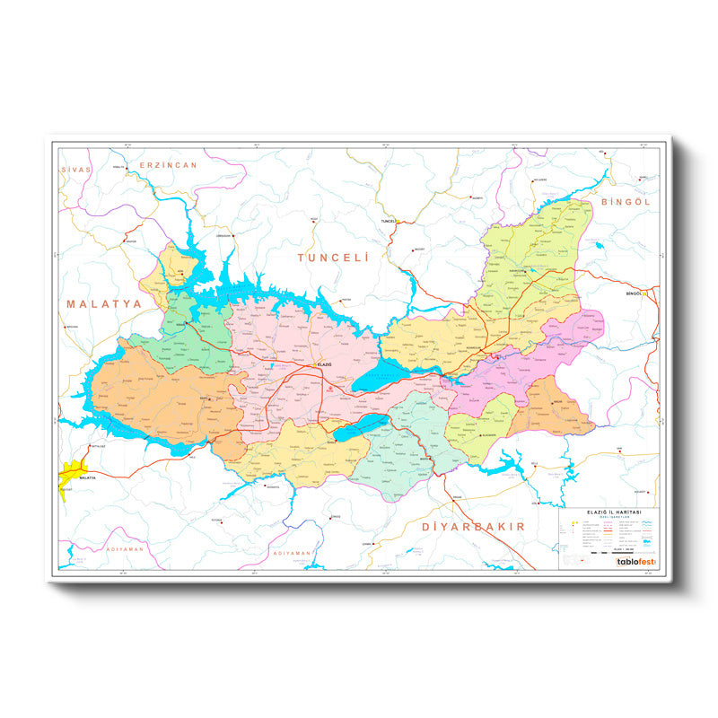 Yatay Kanvas Tablo Elazığ İdari Bölümler Harita Tablosu Ev Ofis Duvar Dekoru