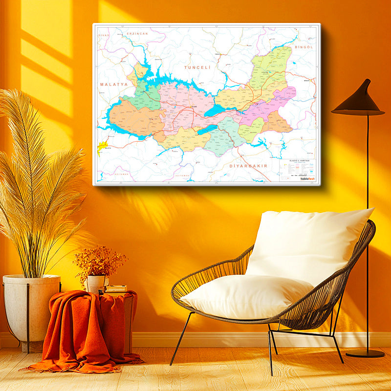 Yatay Kanvas Tablo Elazığ İdari Bölümler Harita Tablosu Ev Ofis Duvar Dekoru