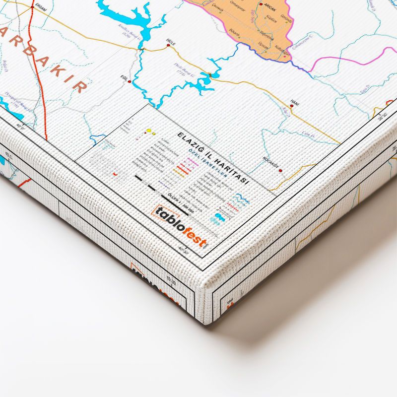 Yatay Kanvas Tablo Elazığ İdari Bölümler Harita Tablosu Ev Ofis Duvar Dekoru