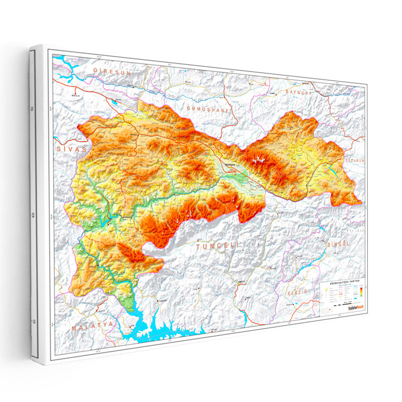 Yatay Kanvas Tablo Erzincan Coğrafi Yapı Harita Tablosu Ev Ofis Duvar Dekoru