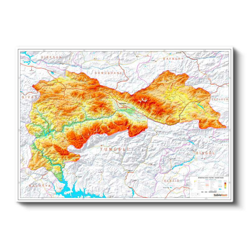 Yatay Kanvas Tablo Erzincan Coğrafi Yapı Harita Tablosu Ev Ofis Duvar Dekoru