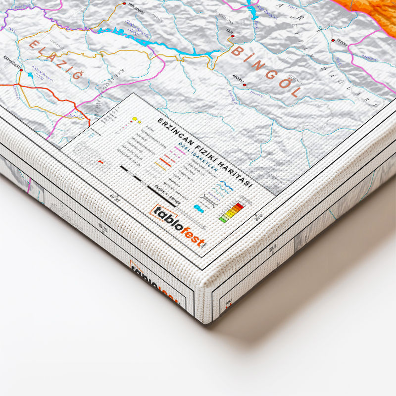 Yatay Kanvas Tablo Erzincan Coğrafi Yapı Harita Tablosu Ev Ofis Duvar Dekoru