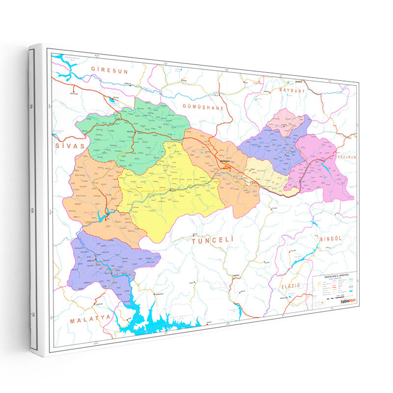 Yatay Kanvas Tablo Erzincan Yerleşim Planı Harita Tablosu Ev Ofis Duvar Dekoru