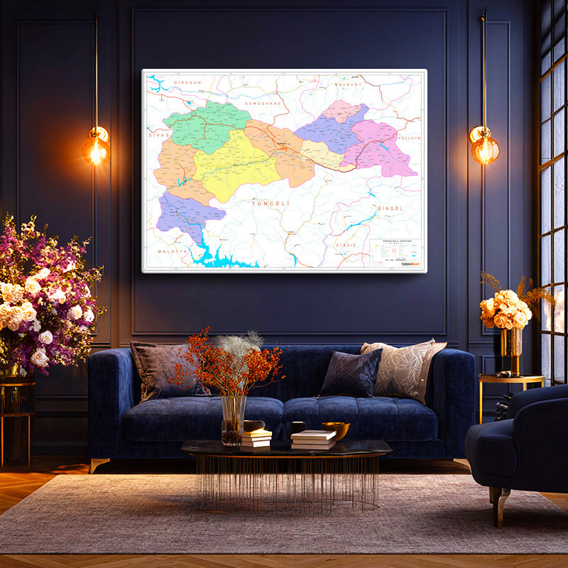 Yatay Kanvas Tablo Erzincan Yerleşim Planı Harita Tablosu Ev Ofis Duvar Dekoru