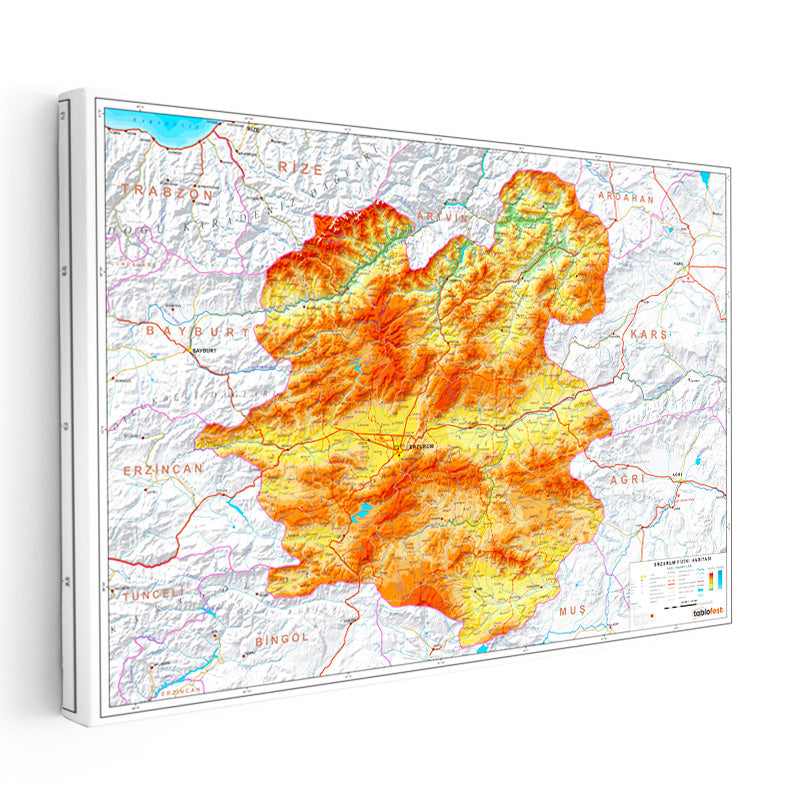 Yatay Kanvas Tablo Erzurum Topografik Çizim Harita Tablosu Ev Ofis Duvar Dekoru