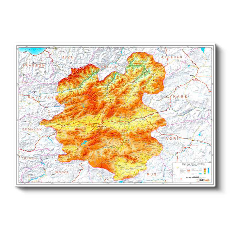 Yatay Kanvas Tablo Erzurum Topografik Çizim Harita Tablosu Ev Ofis Duvar Dekoru