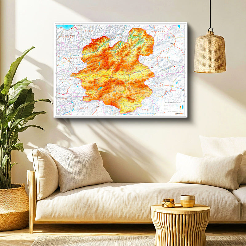 Yatay Kanvas Tablo Erzurum Topografik Çizim Harita Tablosu Ev Ofis Duvar Dekoru