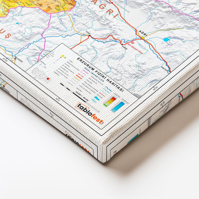 Yatay Kanvas Tablo Erzurum Topografik Çizim Harita Tablosu Ev Ofis Duvar Dekoru