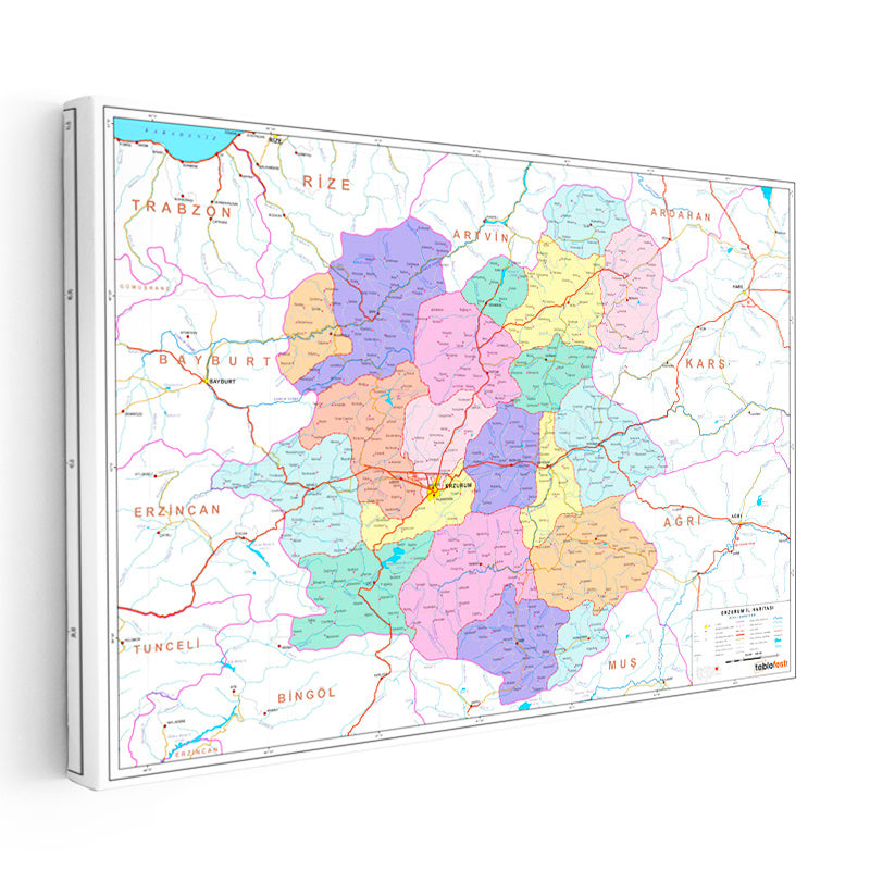 Yatay Kanvas Tablo Erzurum Mülki İdare Harita Tablosu Ev Ofis Duvar Dekoru