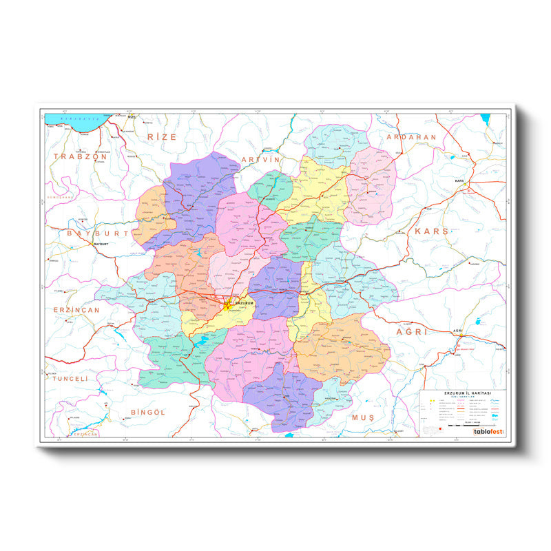 Yatay Kanvas Tablo Erzurum Mülki İdare Harita Tablosu Ev Ofis Duvar Dekoru