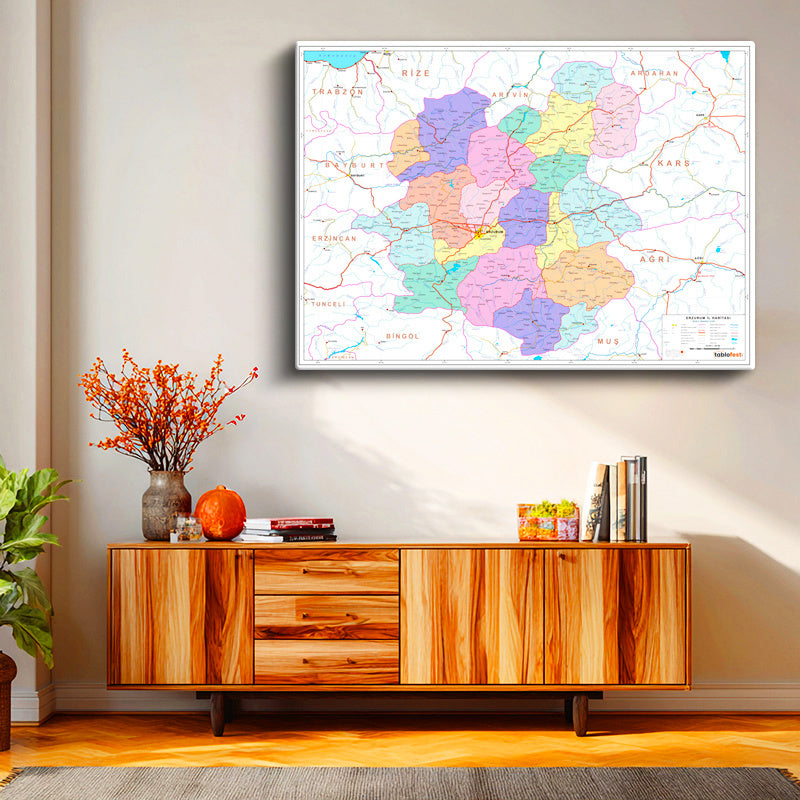 Yatay Kanvas Tablo Erzurum Mülki İdare Harita Tablosu Ev Ofis Duvar Dekoru