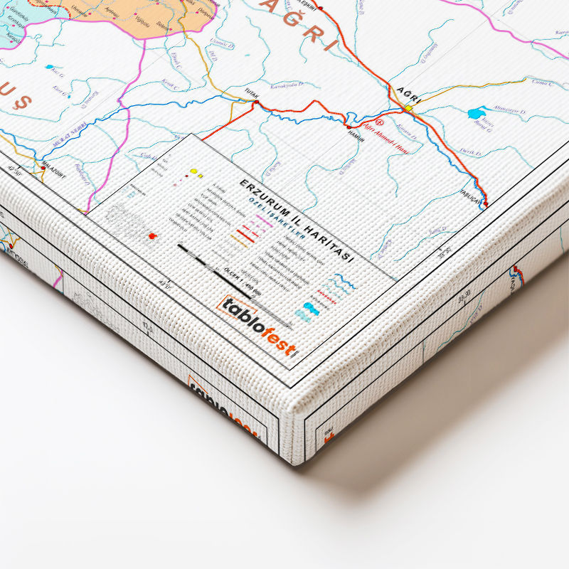 Yatay Kanvas Tablo Erzurum Mülki İdare Harita Tablosu Ev Ofis Duvar Dekoru