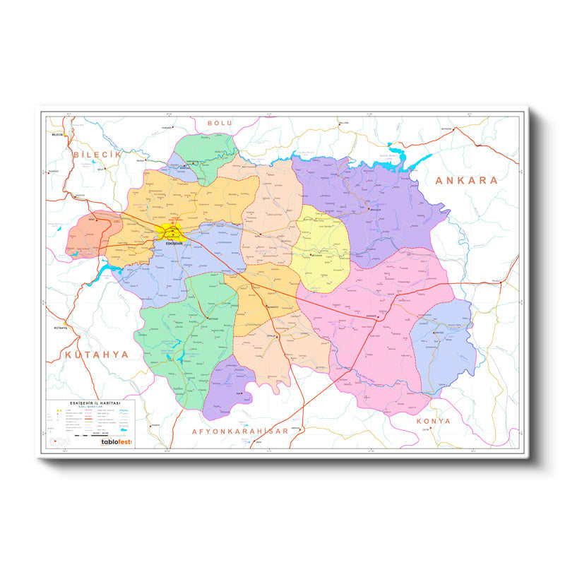 Yatay Kanvas Tablo Eskişehir İlçe Detaylı Harita Tablosu Ev Ofis Duvar Dekoru