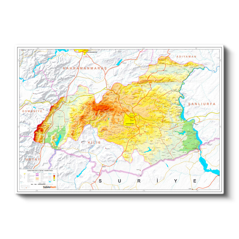 Yatay Kanvas Tablo Gaziantep Arazi Şekilleri Harita Tablosu Ev Ofis Duvar Dekoru