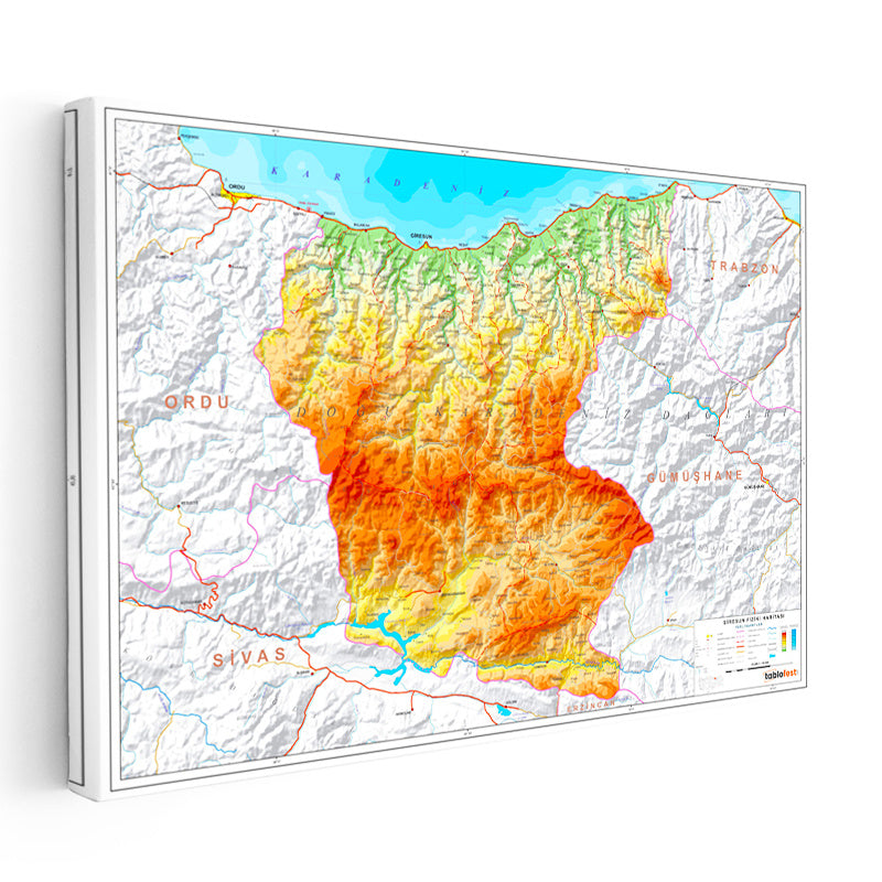 Yatay Kanvas Tablo Giresun Fiziki Yeryüzü Harita Tablosu Ev Ofis Duvar Dekoru