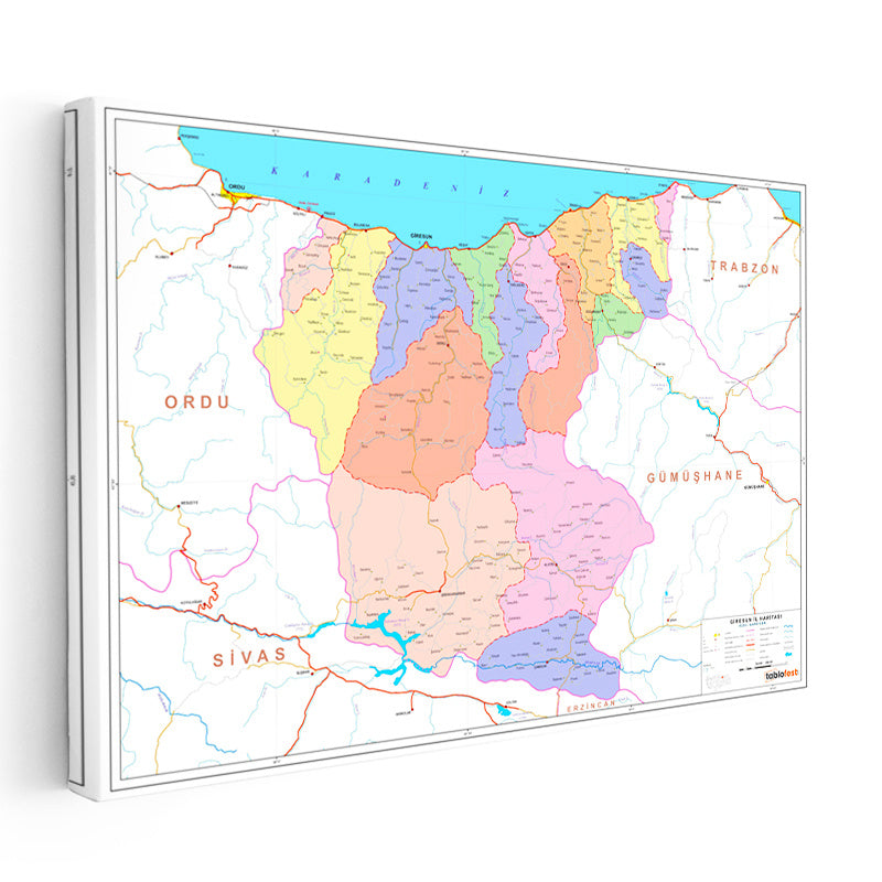 Yatay Kanvas Tablo Giresun İdari Bölümler Harita Tablosu Ev Ofis Duvar Dekoru