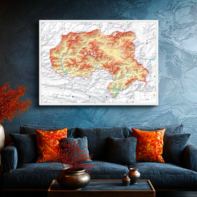 Yatay Kanvas Tablo Hakkari Topografik Harita Tablosu Ev Ofis Duvar Dekoru