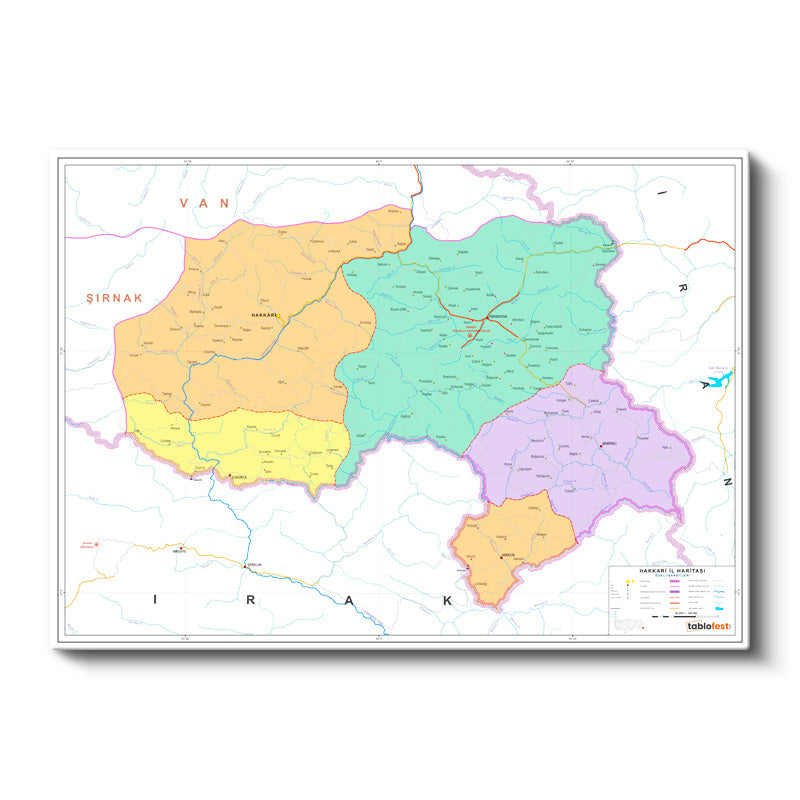 Yatay Kanvas Tablo Hakkari Mülki İdare Harita Tablosu Ev Ofis Duvar Dekoru